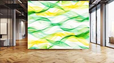 Vibrant green and yellow tiddle waves, forming an energetic and lively abstract pattern on a solid white background, reminiscent of spring freshness. Wall mural