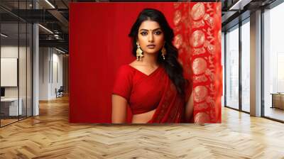 Young beautiful indian woman in traditional red color saree Wall mural