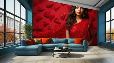 Young beautiful indian woman in traditional red color saree Wall mural