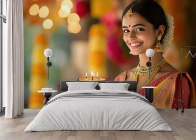 young indian woman holding oil lamp on diwali festival Wall mural