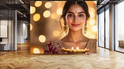 young indian woman holding oil lamps plate on diwali festival Wall mural