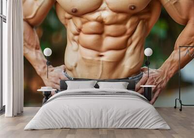 Young man showing showing six pack abs Wall mural