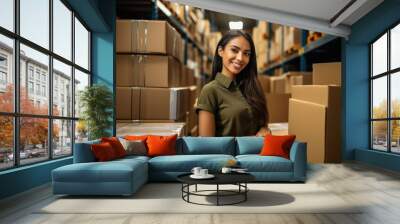 Young woman working in the shipping house Wall mural