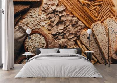 wooden table full of fiber-rich wholegrain foods, perfect for a balanced diet Wall mural