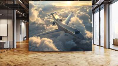 Airplane Flying Overhead: A sleek airplane soaring high above the clouds.
 Wall mural