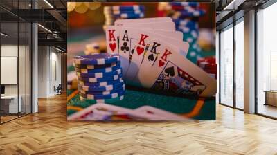 Cards and Chips: A poker scene with playing cards and a stack of colorful poker chips on a green felt table. 
 Wall mural