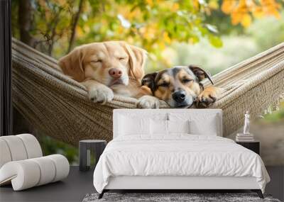 Cat and Dog in a Hammock: A cat and dog relaxing in a hammock together, swaying gently in the breeze. 
 Wall mural