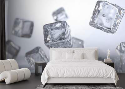 CG Floating Ice Cubes: Perfectly clear CG ice cubes hovering above a white background, with detailed textures and light reflections.
 Wall mural