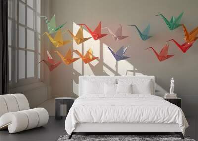 Floating Origami Cranes: Colorful origami cranes floating gracefully in a minimalist room, casting soft shadows on the walls.
 Wall mural