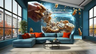 Hand Smashing a Cookie Jar: A hand smashing a glass cookie jar, with cookies and pieces scattering.
 Wall mural