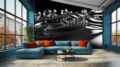 Liquid Mercury: A close-up of liquid mercury droplets merging on a reflective surface, with high contrast between the silver liquid and a dark background.  Wall mural