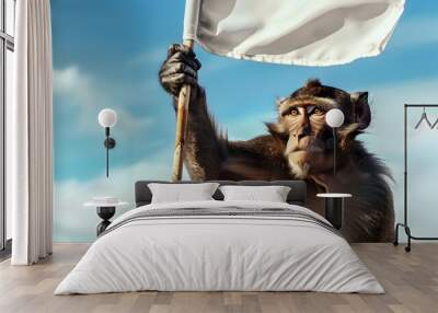 Monkey Waving White Flag: A playful monkey waving a white flag with one hand. 
 Wall mural