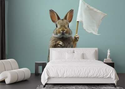 Rabbit with White Flag: A cute rabbit sitting upright, holding a white flag between its paws. 
 Wall mural