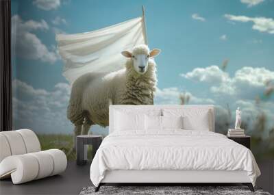 Sheep with White Flag: A fluffy sheep standing in a meadow, holding a white flag with its mouth. 
 Wall mural