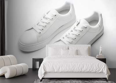 Simple White Sneakers: A pair of plain white sneakers with minimal detailing, placed side by side on a white background, with subtle shadowing.
 Wall mural