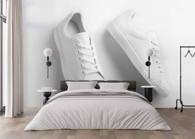 Simple White Sneakers: A pair of plain white sneakers with minimal detailing, placed side by side on a white background, with subtle shadowing.
 Wall mural