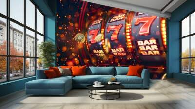 Slot Machine Jackpot: A slot machine displaying a winning combination, coins and lights celebrating the jackpot. 
 Wall mural