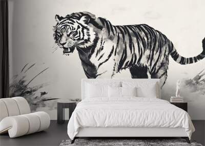 Tiger Chinese Zodiac in Ink Wash Style: A tiger painted in the traditional Chinese ink wash style, with bold brush strokes and a minimalist background.
 Wall mural