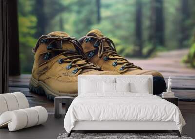 Travel Shoes: A pair of durable travel shoes resting on a wooden deck with a forest trail in the background.
 Wall mural