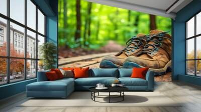 Travel Shoes: A pair of durable travel shoes resting on a wooden deck with a forest trail in the background.
 Wall mural