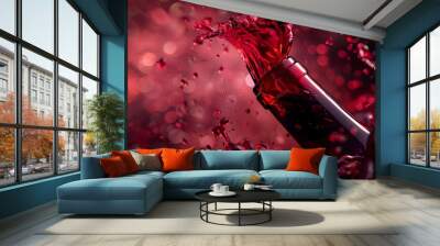 Wine Bottle with Red Wine Splash: A wine bottle with a splash of red wine flowing around it. 
 Wall mural