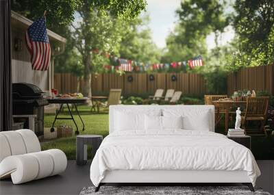 Backyard BBQ with American Flags and Festive Decorations Wall mural