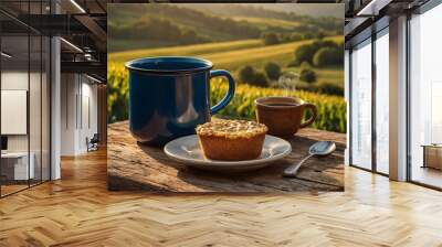 Breakfast in a beautiful countryside setting lit by the morning sun Wall mural