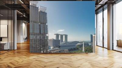 A beautiful morning panorama with Marina Bay area and skyscrapers city skyline aerial timelapse. Wall mural