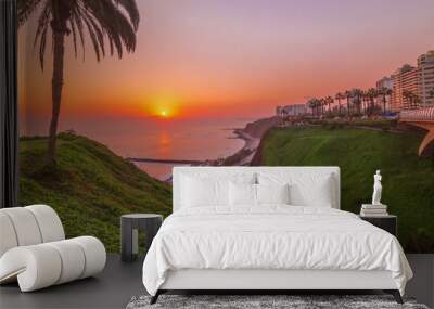 Aerial sunset view of Lima's Coastline in the neighborhood of Miraflores timelapse, Lima, Peru Wall mural