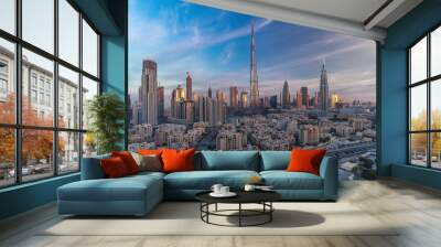 Dubai Downtown skyline timelapse with Burj Khalifa and other towers during sunrise panoramic view from the top in Dubai Wall mural