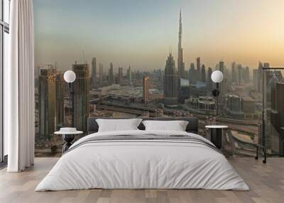 Panorama showing aerial view of tallest towers in Dubai Downtown skyline and highway timelapse. Wall mural