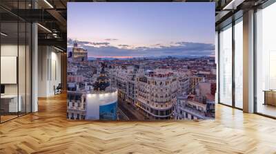 Panoramic aerial view of Gran Via day to night timelapse, Skyline Old Town Cityscape, Metropolis Building, capital of Spain Wall mural