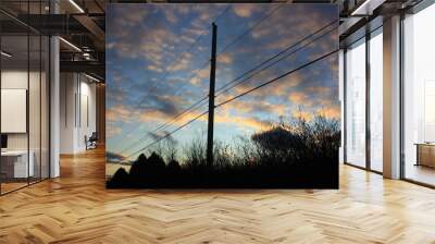 Telephone Poles sillouetted against a blue sky at sunset. Wall mural