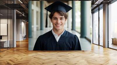 young college student in graduation gown cap smiling for camera college hallway building Wall mural