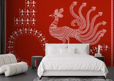 ' Peacock ' Ancient Indian Tribal Art - WARLI Wall mural