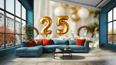 Golden helium floating balloons made in shape of number twenty-five. Birthday party or wedding anniversary for 25 years celebration. Elegant white and gold decorations	 Wall mural