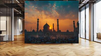 A vibrant sunset illuminates a grand mosque, bustling with visitors against the colorful, dynamic skies Wall mural