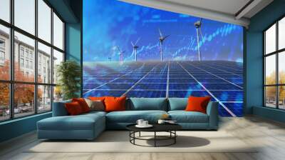 alternative energy concept - solar plant and wind mill farm with prices chart, increase in electricity prices on the world market. Wall mural