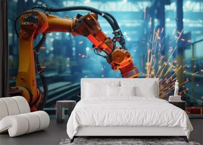 Automated robotic arm performing welding tasks at a construction site with sparks flying in the evening. Wall mural