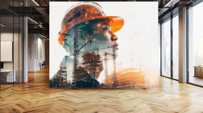 Building construction engineer, building industry concept, double exposure of man's profile with construction site, illustration Wall mural