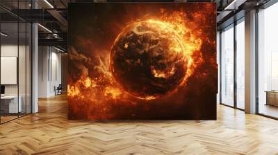 Burning Earth globe, end of the world, complete destruction of planet due to global warming, burning earth damage Wall mural