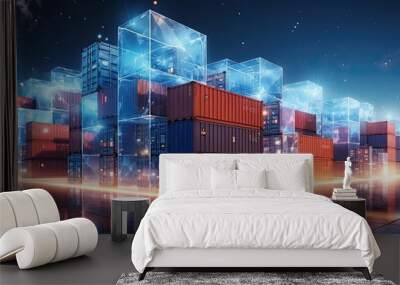 Cargo Containers at logistic hub with virtual scheme Wall mural