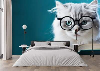 cat in glasses reading a book on blue background, we banner format Wall mural