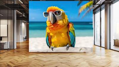 Colorful parrot in sunglasses sitting on summer tropical beach, blue sea and bright sky Wall mural