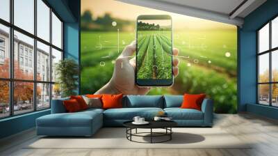 concept of smart farming in agriculture industry, mobile phone with agriculture technology application and farming environment, Wall mural