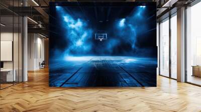 dark and dramatic high school basketball court, basketball hoop, blue smoke, blue led lights Wall mural