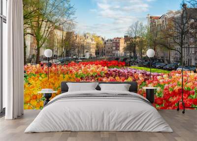 Dutch spring city scenery with canal and tulips, Amsterdam, Netherlands Wall mural