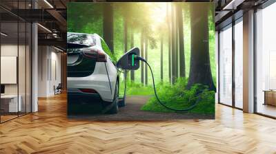 Electric car, clean green energy concept, EV car fefueling in green forest, close up view, illustration Wall mural