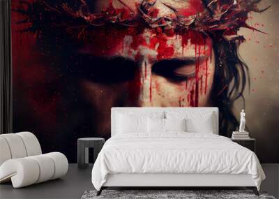 face of jesus crist in crown of thorns, christian easter concept, ai illustration Wall mural