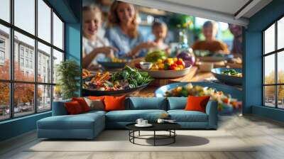 Family gathered around a table, sharing a nutritious home-cooked meal in a warm, inviting kitchen setting, A family enjoying a meal together that follows the DASH diet guidelines Wall mural